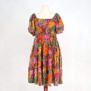 WISHING WAVES Vibrant Tropical Print Puff Sleeve Smocked Tiered Dress Size 1X